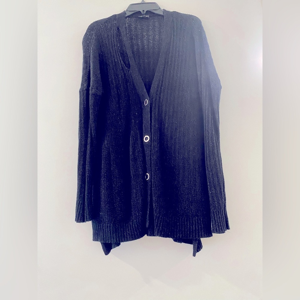 Express Black Women's Sweater with Buttons and Stylized Cut Out at Collar - Picture 3 of 6